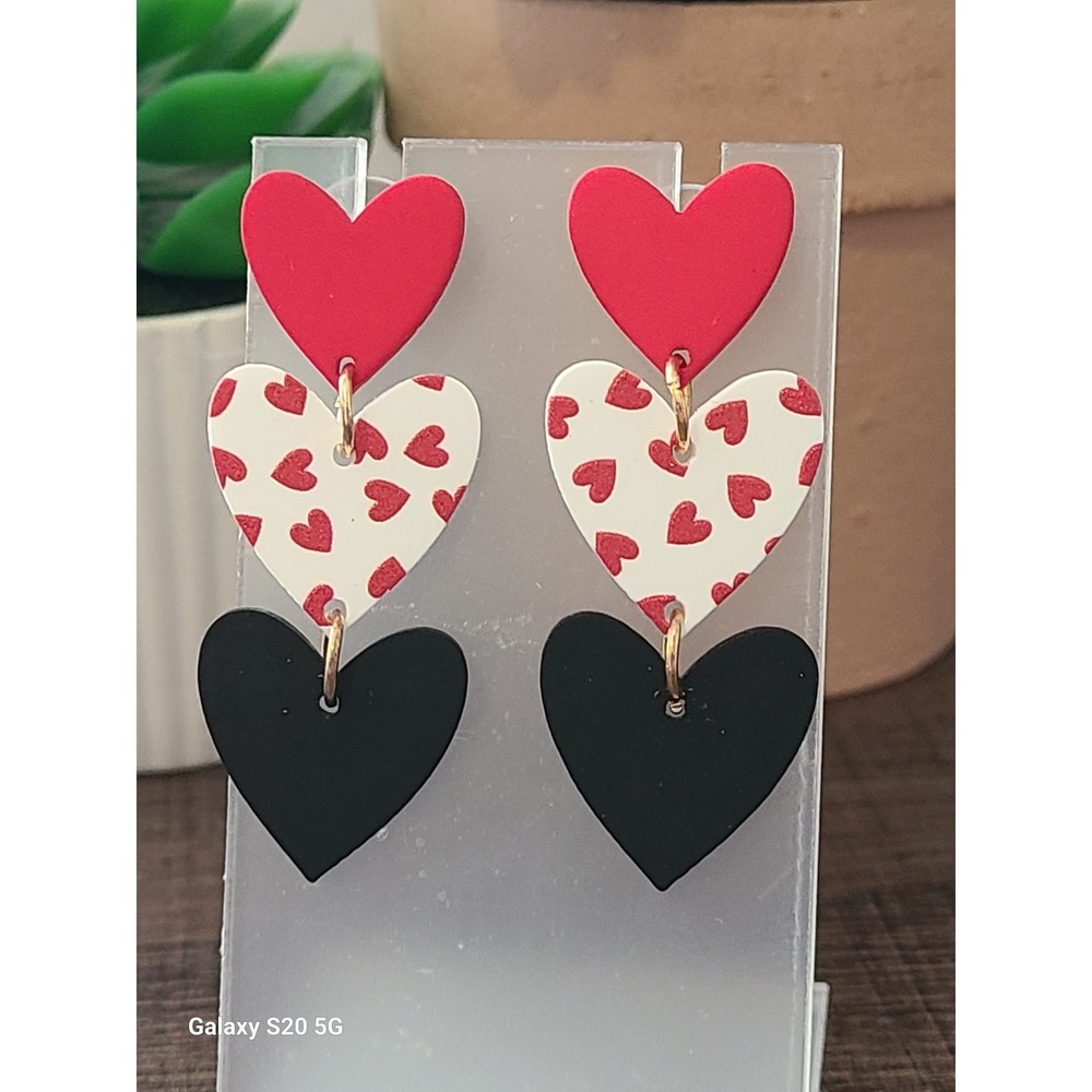 Dangle Heart Earrings Red White Black Valentine's Day Statement Jewelry